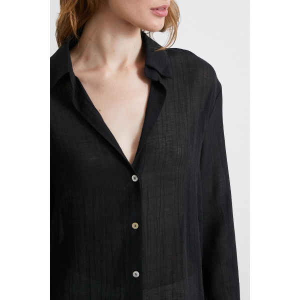 Kabartma Çizgili Saten Gömlek Siyah