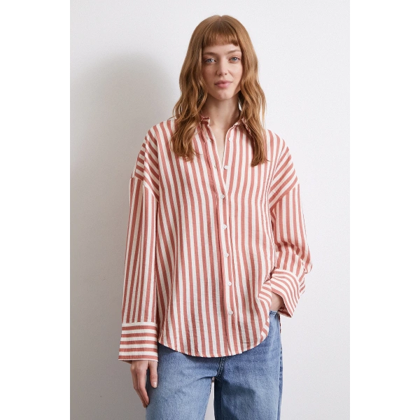 Çizgili T Kol Gömlek Kiremit