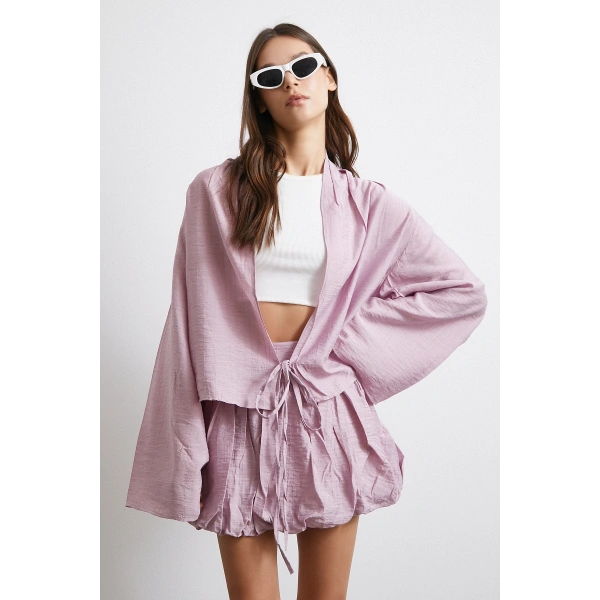 Geniş Kol Önden Bağlamalı Bluz Lila