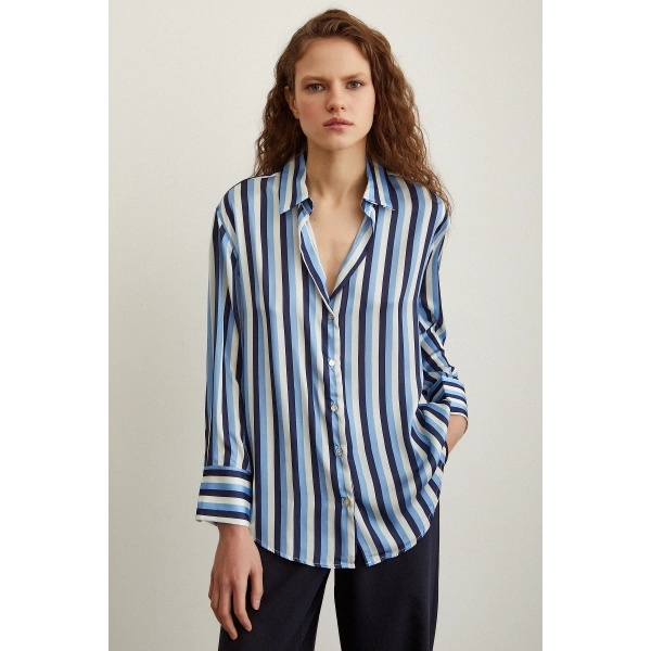 Çizgili Saten Gömlek Lacivert