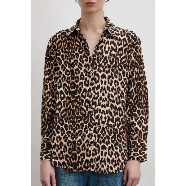 Leopar Desenli Viskon Gömlek Siyah
