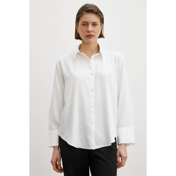 Viskon Saten Gömlek Beyaz