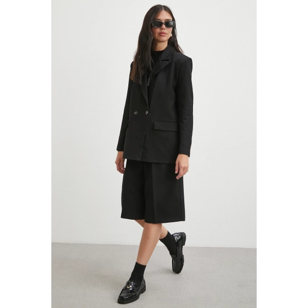 Çift Dügmeli Cep Kapaklı Blazer Ceket Siyah