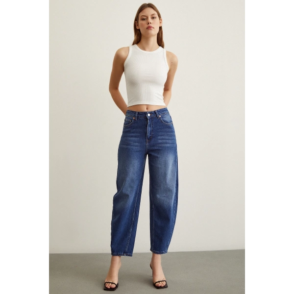 Yüksek Bel Mom Jean Mavi