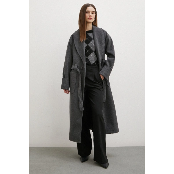 Kuşaklı Şal Yaka Kaban Antirasit