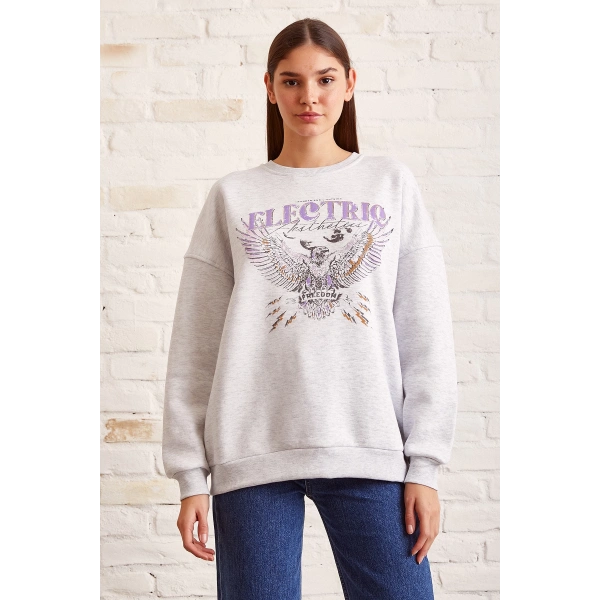 Bisiklet Yaka Baskılı Sweatshirt Kar Melanj