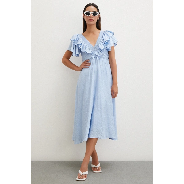 Fırfır Detaylı V Yaka  Gipeli Keten Elbise Mavi