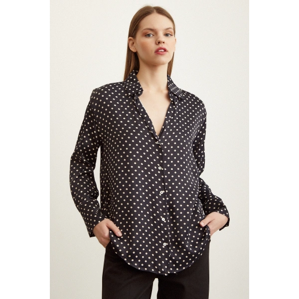 Puantiye Desenli Saten Gömlek Siyah