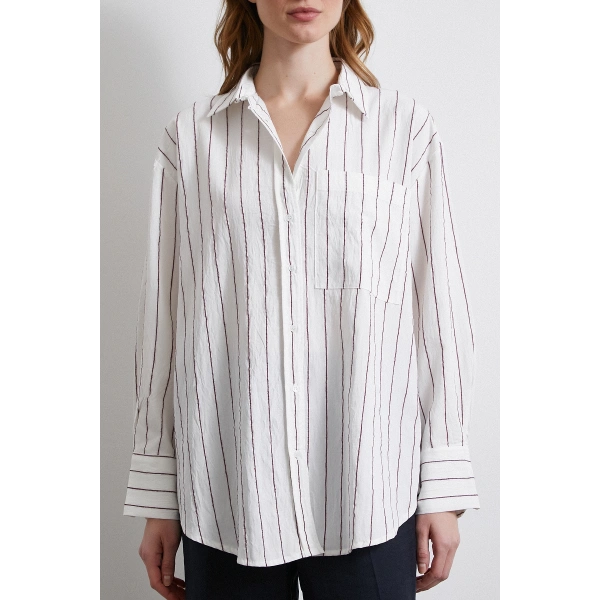 Çizgili Cepli Gömlek Bordo