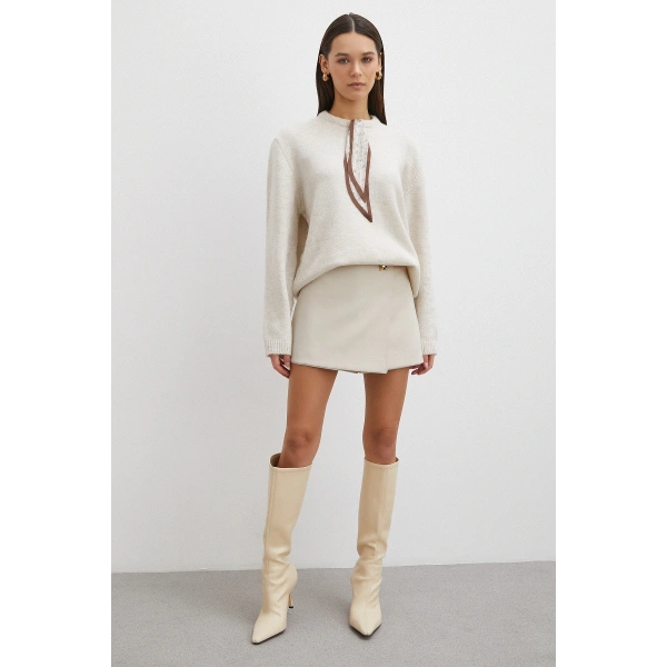 Fularlı Uzun Kollu Kazak Ekru