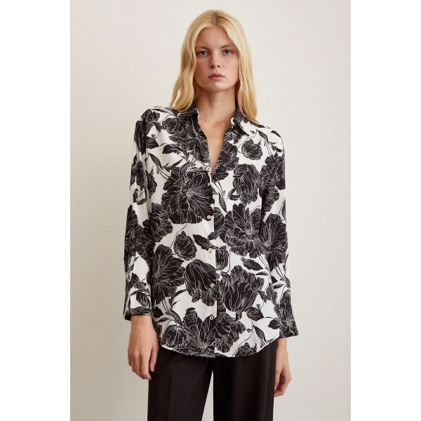 Desenli Viskon Gömlek Siyah