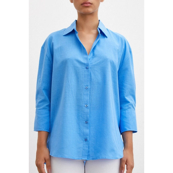 Geniş Manşetli Keten Gömlek Mavi