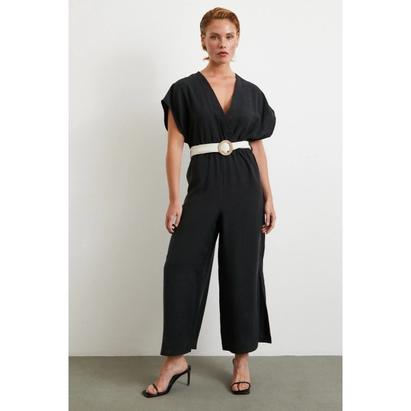 Kemer Detaylı Yarasa Kol Tulum Siyah