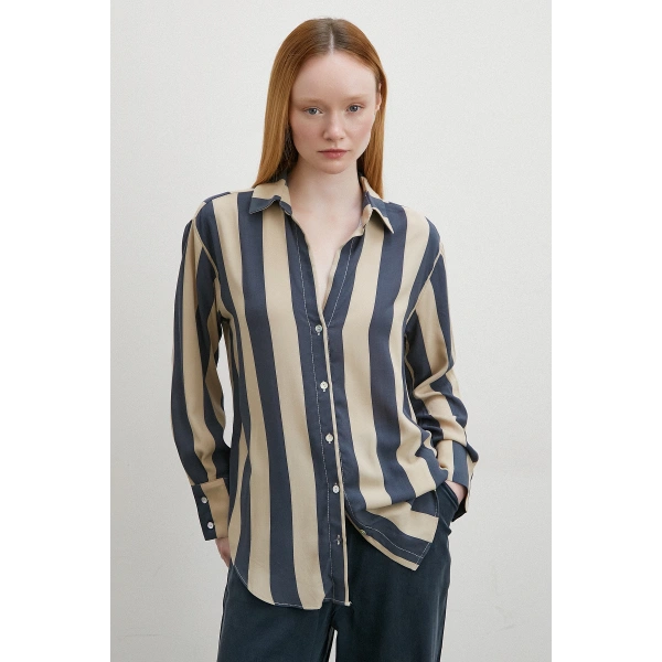 Çizgili Viskon Gömlek Kahve