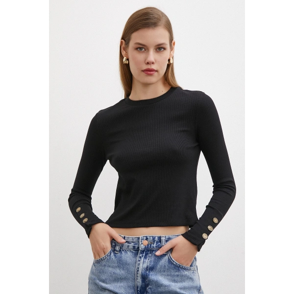 Kollu Düğmeli Bluz Siyah