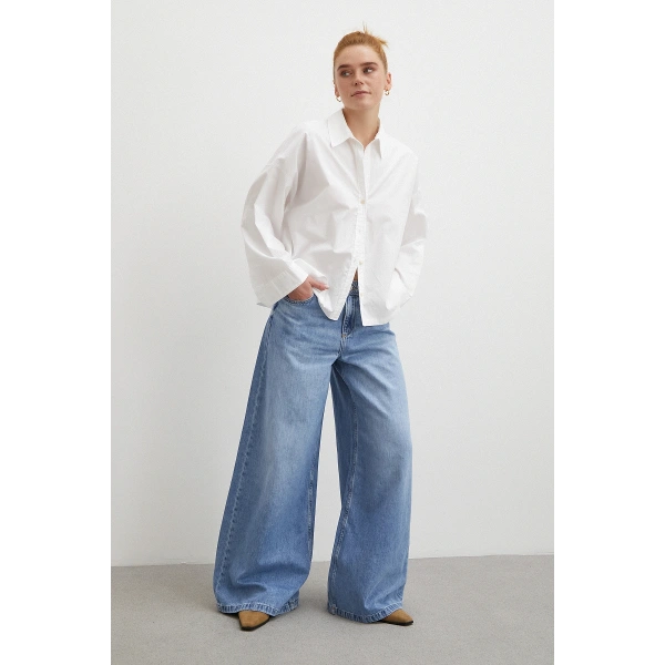 Yüksek Bel Wide Leg Jean Mavi