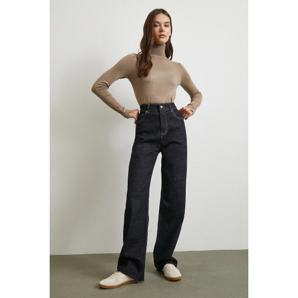 Yüksek Bel Kesik Boru Paça Jean Lacivert