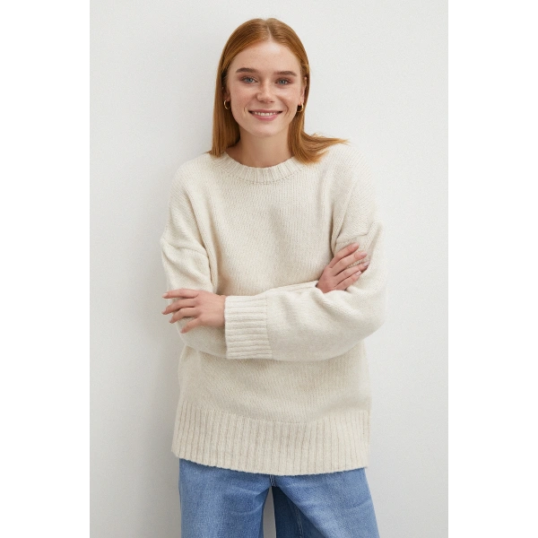 Bisiklet Yaka Fitilli Triko Kazak Ekru