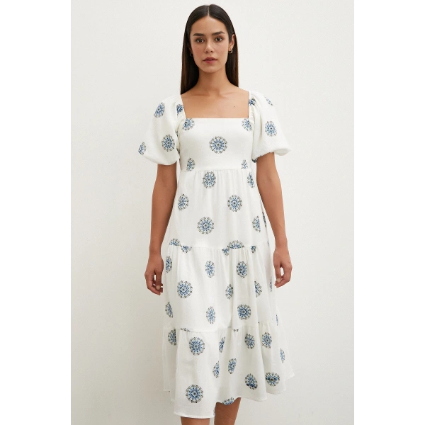 Sırtı Fiyonklu Keten Elbise Mavi