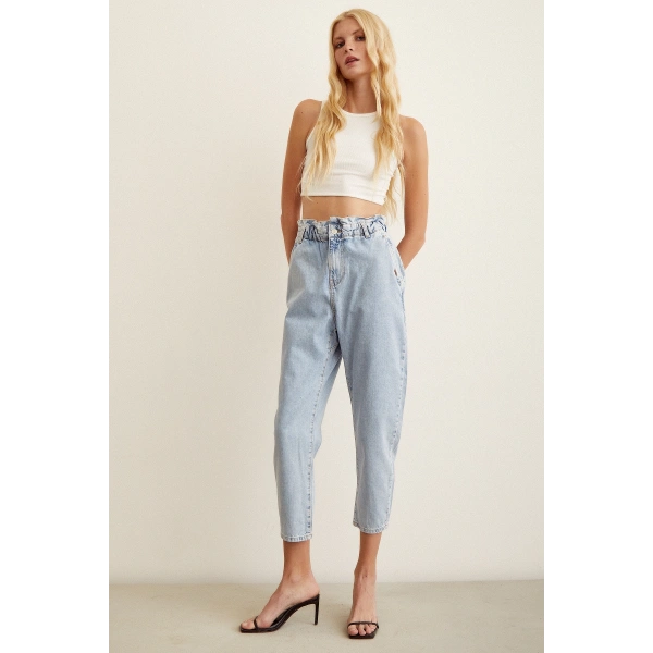 Beli Lastikli Mom Jean Buz Mavisi