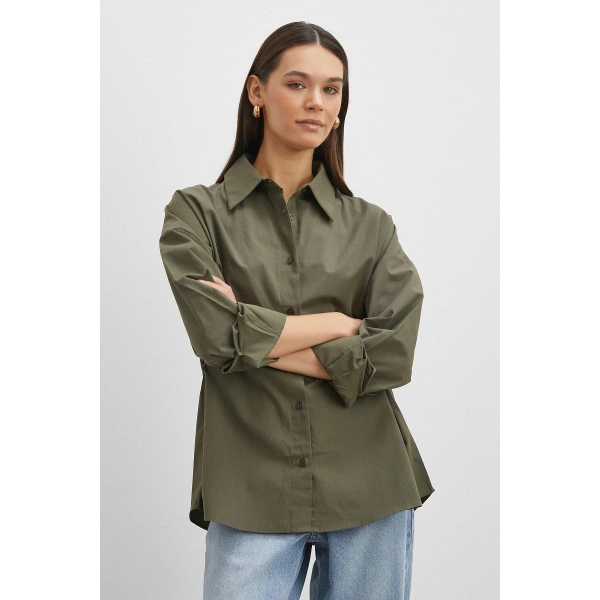 Düğme Detaylı Pamuklu Gömlek Haki