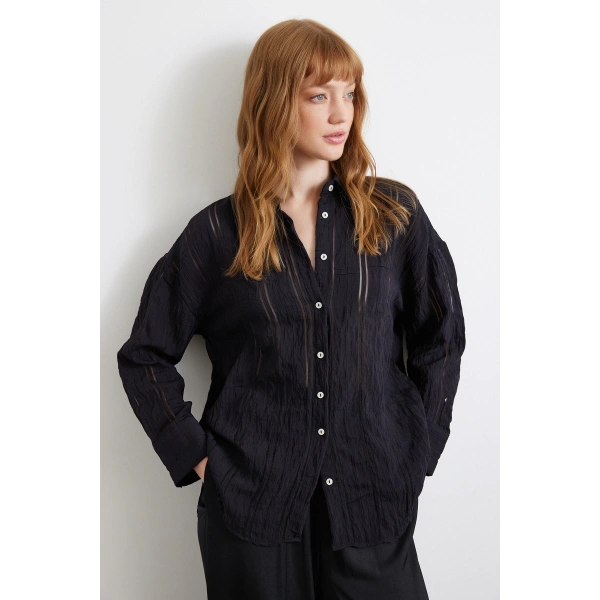 Organze Çizgili Gömlek Siyah