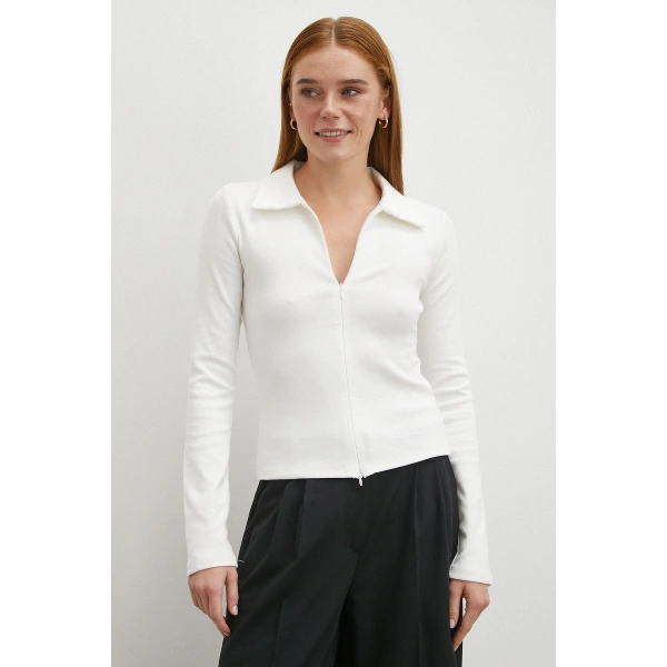 Yakalı Çift Fermuarlı Bluz Beyaz