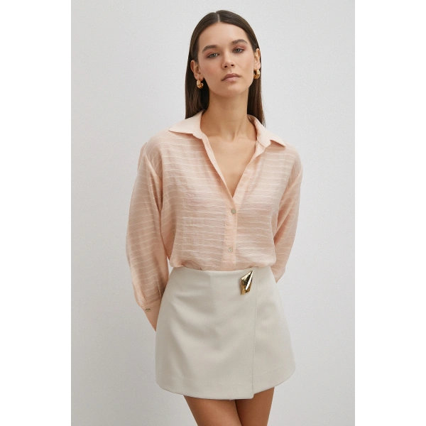 Kabartma Çizgili Gömlek Pudra