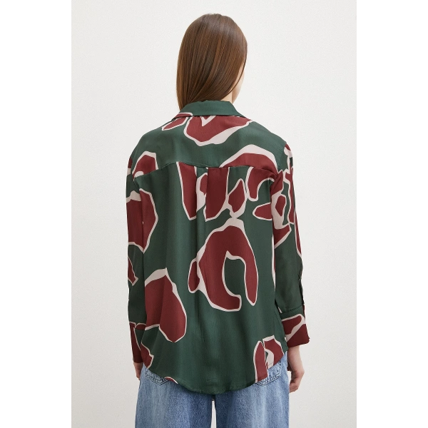 Baskılı Saten Gömlek Mor