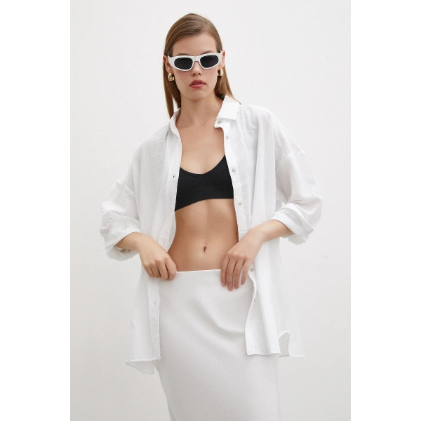Oversize Keten Gömlek Beyaz