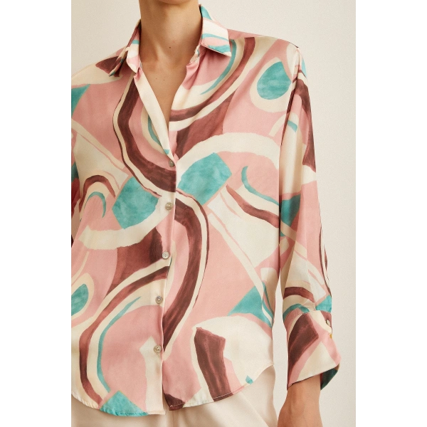 V Yaka Desenli Saten Gömlek Pembe