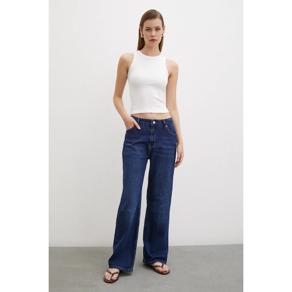 Yüksel Bel Wide Leg Jean Lacivert