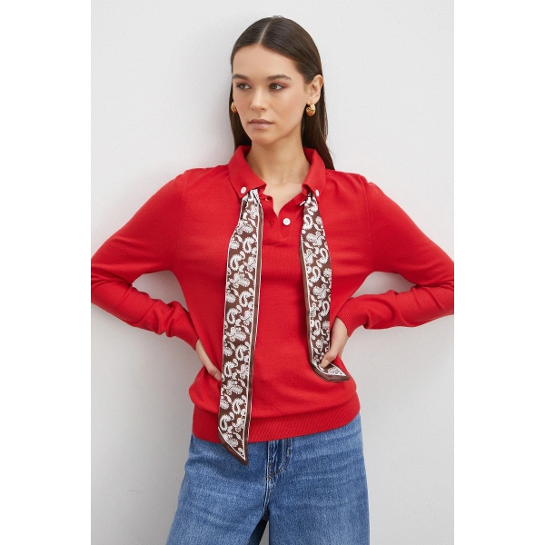 Fularlı Polo Yaka Kazak Kırmızı