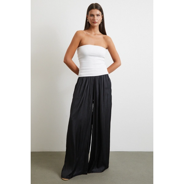Beli Lastikli Geniş Paça Büzgülü Pantolon Siyah