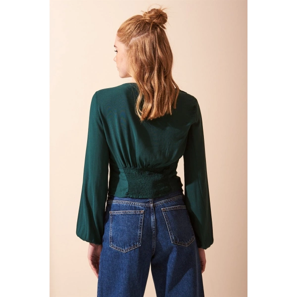 Düğme Detaylı V Yaka Uzun Kol Bluz Yeşil