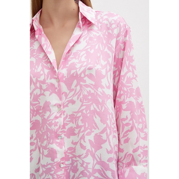 Desenli Gofret Saten Gömlek Pembe