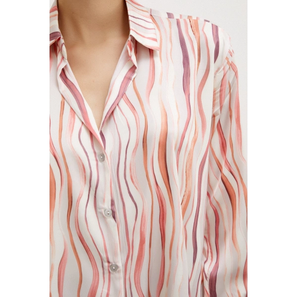 Dalga Çizgili V Yaka Gömlek Oranj