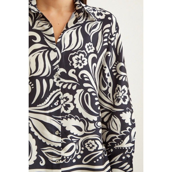 Renkli Baskılı Poplin Gömlek Mavi