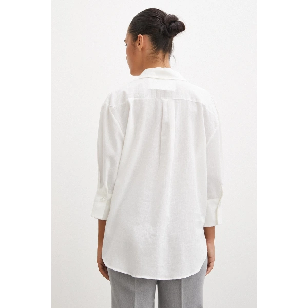 Geniş Manşetli Keten Gömlek Ekru