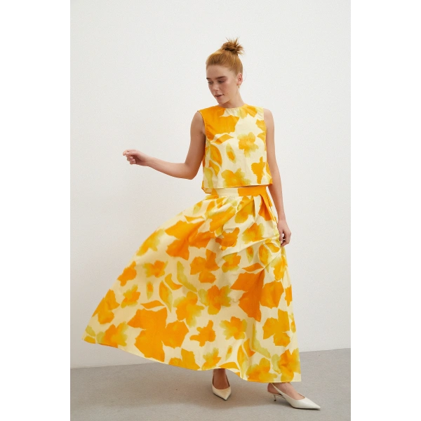 Beli Lastikli Batik Desen Piliseli Etek Sarı