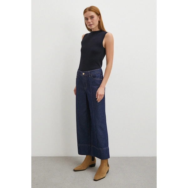 Yüksek Bel Paça Detaylı Jean Lacivert