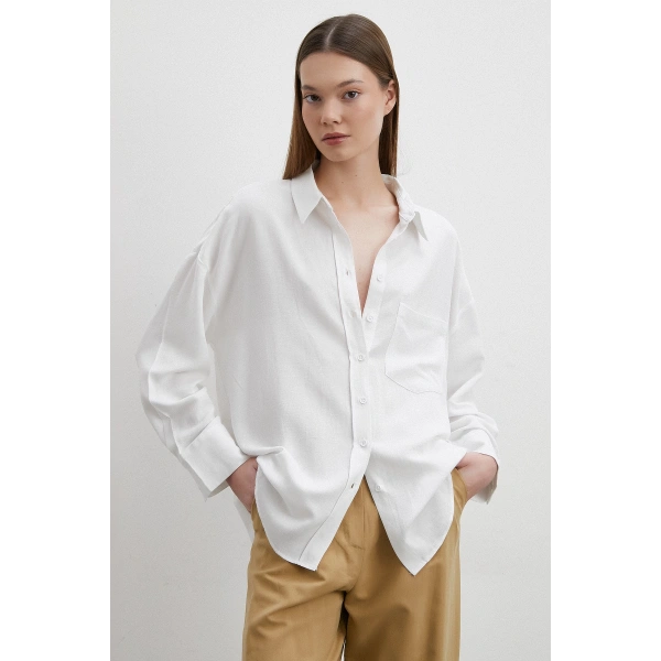 Keten Karışımlı Linen Prunes Gömlek Beyaz