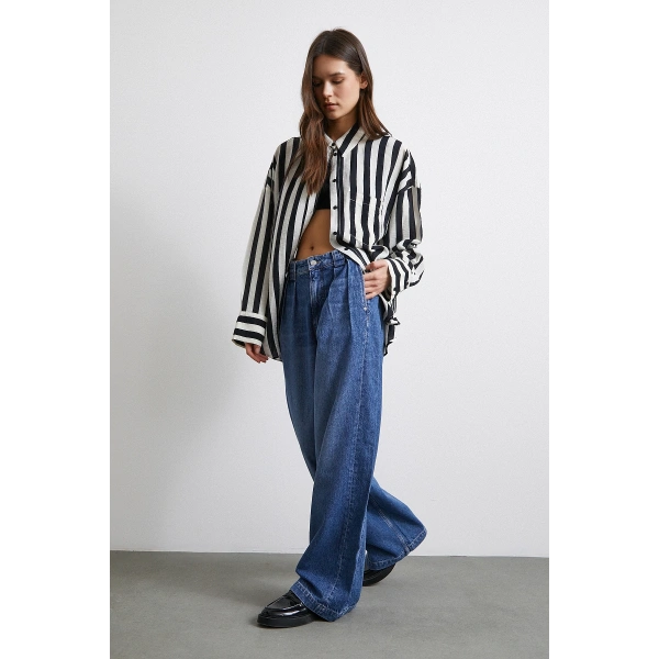 Yüksek Bel Pileli Geniş Paça Jean Mavi