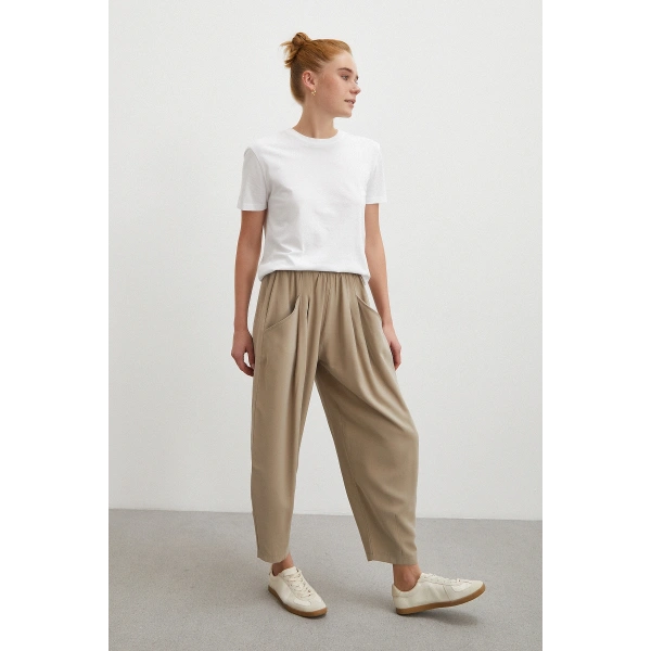 Bağcıklı Beli Lastikli Pileli Pantolon Taş