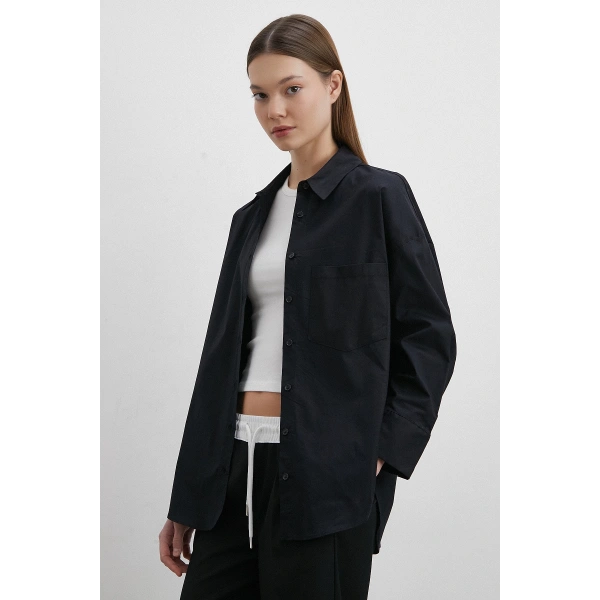 Likralı Poplin Gömlek Siyah