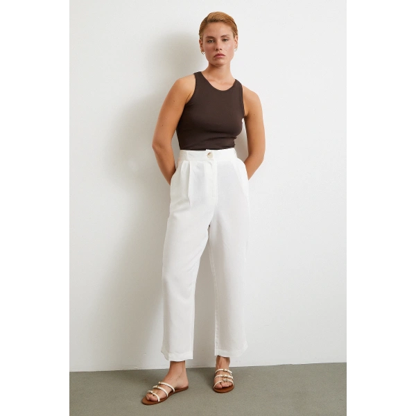 Çift Pileli Keten Pantolon Krem