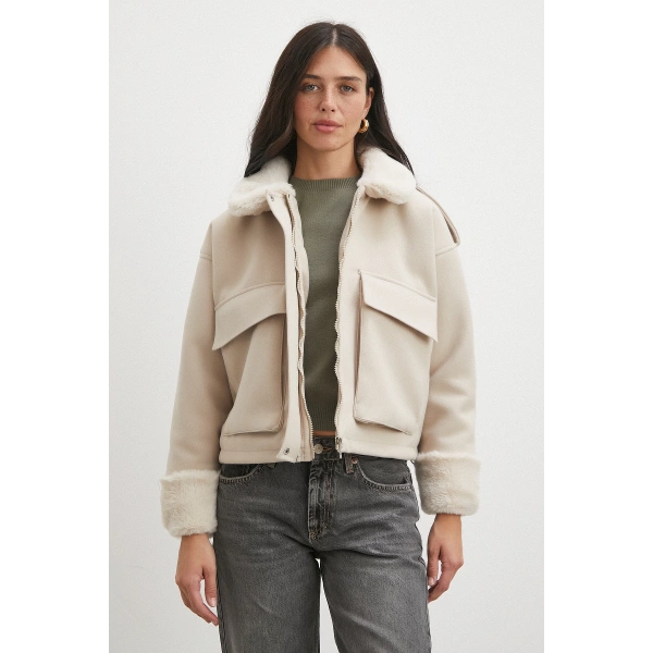 Apoletli Yünlü Körük Cepli Kaşe Mont Bej