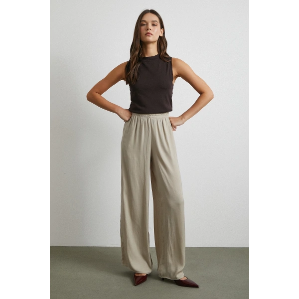 Beli Lastikli Dökümlü Geniş Paça Pantolon Taş