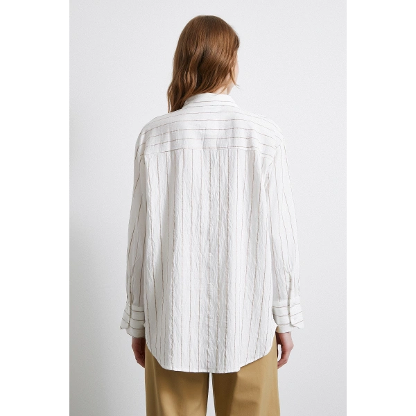 Çizgili Cepli Gömlek Bej