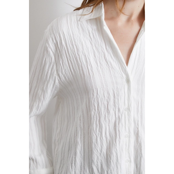 Şerit Dokulu Gömlek Beyaz